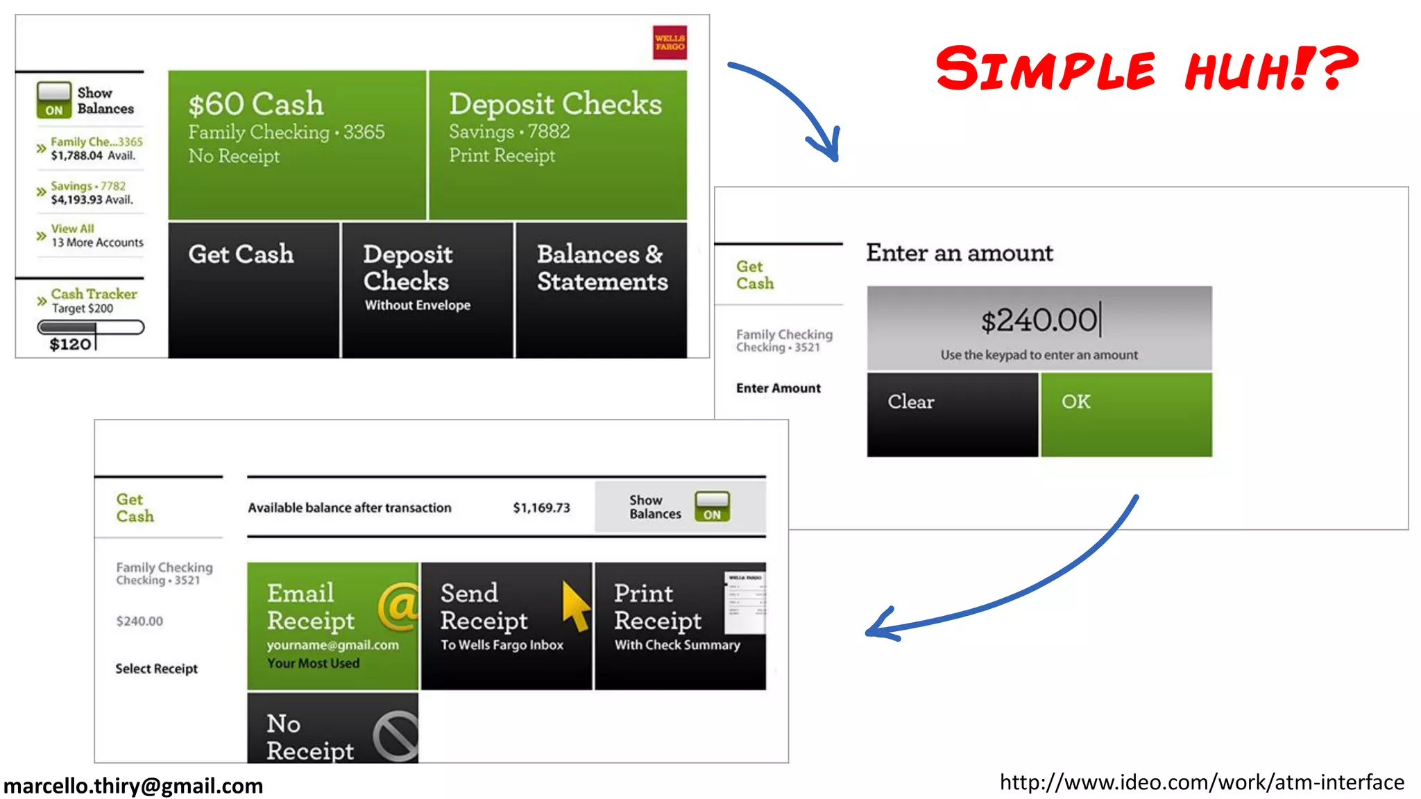 marcello.thiry@gmail.com
Simple huh!?
http://www.ideo.com/work/atm-interface
 