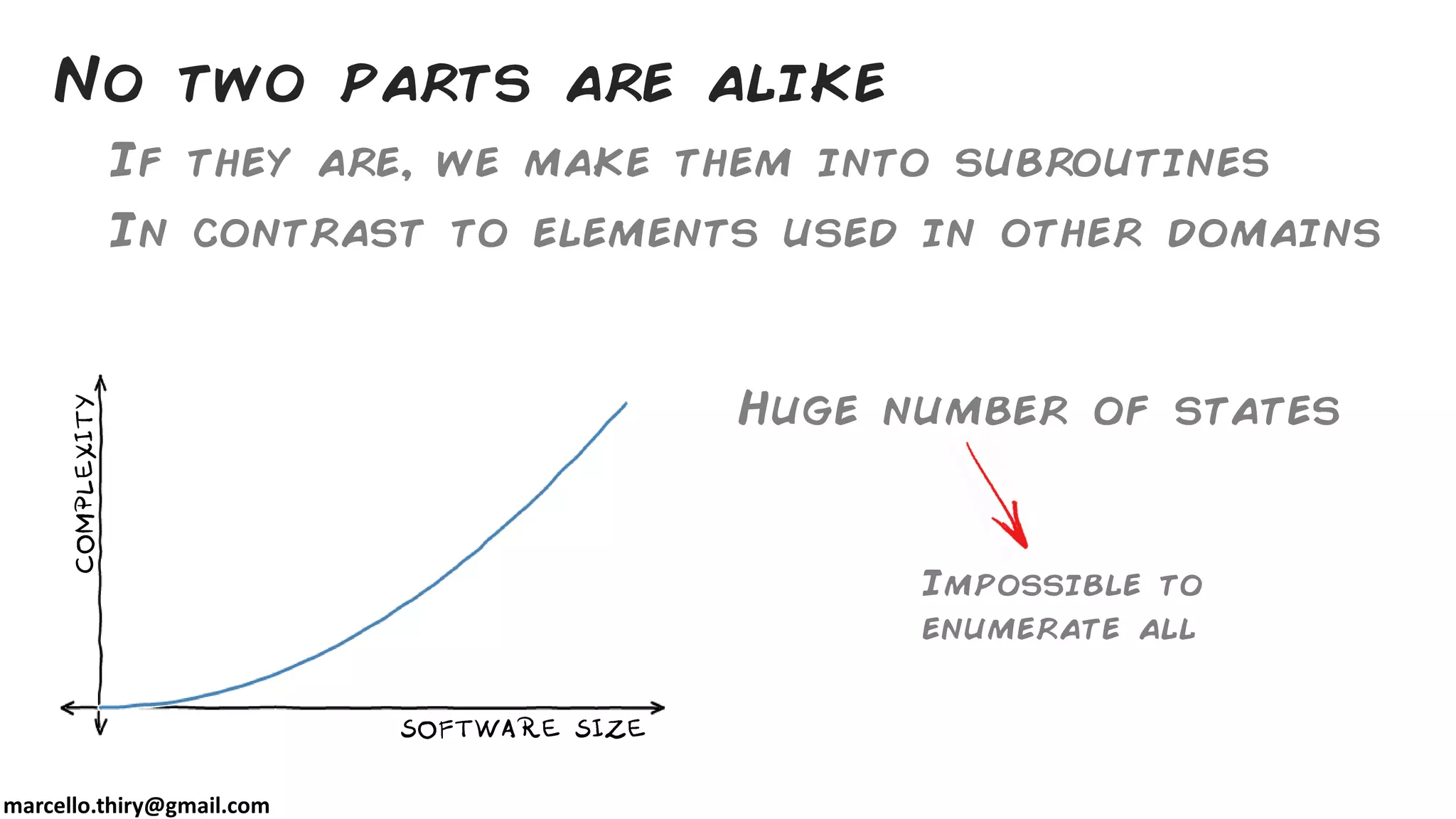 marcello.thiry@gmail.com
No two parts are alike
If they are, we make them into subroutines
In contrast to elements used in other domains
Huge number of states
Impossible to
enumerate all
 
