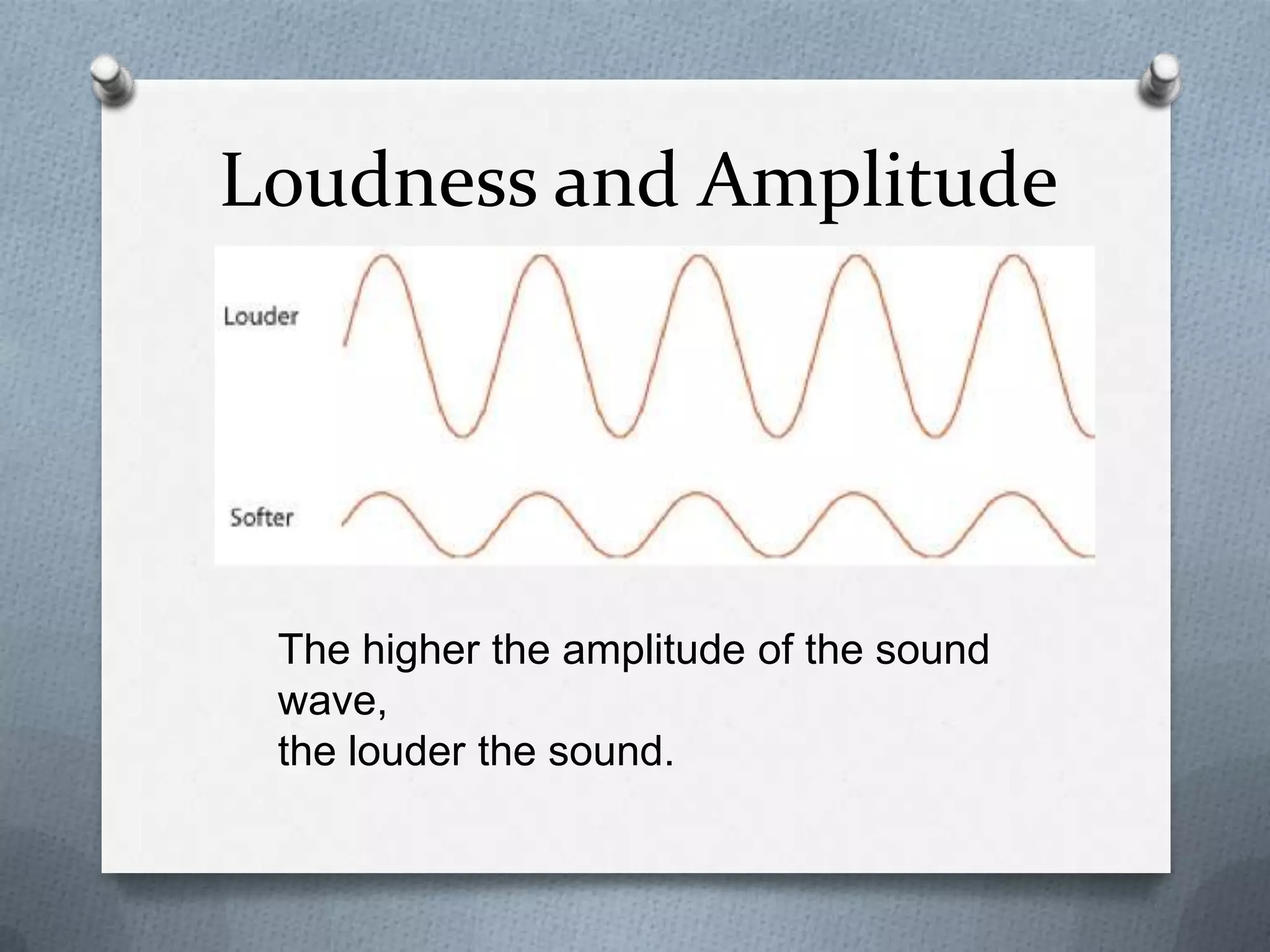 Loudness and Amplitude
O




    The higher the amplitude of the sound
    wave,
    the louder the sound.
 