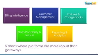 Billing Intelligence

Customer
Management

Data Portability &
Lock in

Failures &
Chargebacks

Reporting &
Analytics

5 areas where platforms are more robust than
gateways.
7

 