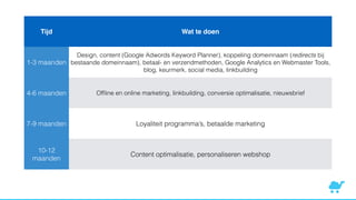 Tijd Wat te doen
1-3 maanden
Design, content (Google Adwords Keyword Planner), koppeling domeinnaam (redirects bij
bestaande domeinnaam), betaal- en verzendmethoden, Google Analytics en Webmaster Tools,
blog, keurmerk, social media, linkbuilding
4-6 maanden Ofﬂine en online marketing, linkbuilding, conversie optimalisatie, nieuwsbrief
7-9 maanden Loyaliteit programma’s, betaalde marketing
10-12
maanden
Content optimalisatie, personaliseren webshop
 