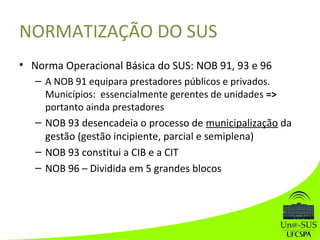 NORMATIZAÇÃO DO SUS
• Norma Operacional Básica do SUS: NOB 91, 93 e 96
– A NOB 91 equipara prestadores públicos e privados.
Municípios: essencialmente gerentes de unidades =>
portanto ainda prestadores
– NOB 93 desencadeia o processo de municipalização da
gestão (gestão incipiente, parcial e semiplena)
– NOB 93 constitui a CIB e a CIT
– NOB 96 – Dividida em 5 grandes blocos
 