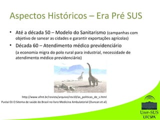 Aspectos Históricos – Era Pré SUS
• Até a década 50 – Modelo do Sanitarismo (campanhas com
objetivo de sanear as cidades e garantir exportações agrícolas)
• Década 60 – Atendimento médico previdenciário
(a economia migra do polo rural para industrial, necessidade de
atendimento médico previdenciário)
http://www.ufmt.br/revista/arquivo/rev10/as_politicas_de_s.html
Pustai OJ O Sitema de saúde do Brasil no livro Medicina Ambulatorial (Duncan et al)
 