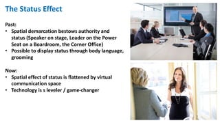 The Status Effect
Past:
• Spatial demarcation bestows authority and
status (Speaker on stage, Leader on the Power
Seat on a Boardroom, the Corner Office)
• Possible to display status through body language,
grooming
Now:
• Spatial effect of status is flattened by virtual
communication space
• Technology is s leveler / game-changer
 