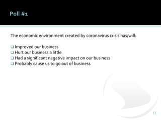 1111
Poll #1
The economic environment created by coronavirus crisis has/will:
❑ Improved our business
❑ Hurt our business a little
❑ Had a significant negative impact on our business
❑ Probably cause us to go out of business
 