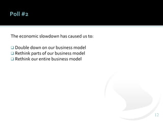 1212
Poll #2
The economic slowdown has caused us to:
❑ Double down on our business model
❑ Rethink parts of our business model
❑ Rethink our entire business model
 