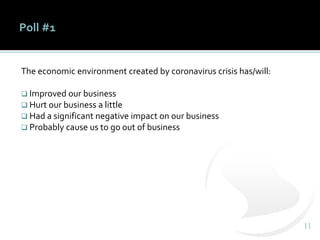 1111
Poll #1
The economic environment created by coronavirus crisis has/will:
❑ Improved our business
❑ Hurt our business ...