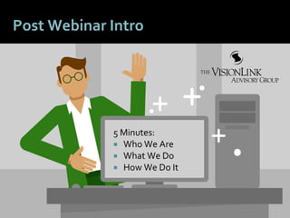 7171
Post Webinar Intro
5 Minutes:
 Who We Are
 What We Do
 How We Do It
 