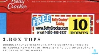 L O Y E L A . C O M
P I C F R O M : H T T P S : / / W W W . M P R N E W S . O R G / S T O R Y / 2 0 0 6 / 1 1 / 2 8 / B E T T Y C R O C K E R
3 . B O X T O P S
D U R I N G E A R L Y 2 0 T H C E N T U R Y , M A N Y C O M P A N I E S T R I E D T O
I N T R O D U C E N E W W A Y S O F I M P L E M E N T I N G C U S T O M E R L O Y A L T Y
P R O G R A M S T O T H E M A R K E T .  
 