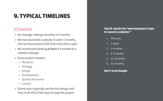 9. TYPICAL TIMELINES
At Gravitate:
»» Our Average redesign launches in 5 months
»» We have launched a website in under 2 months,
and we have projects that took more than a year
»» We recommend alotting at least 4-6 months to a
website redesign
»» Every project includes:
•	 Research
•	 Strategy
•	 Design
•	 Development
•	 Quality Assurance
•	 Launch
»» Clients won’t typically see the first design until
they’re 30-45% of the way through the project
Top 10 results for “how long does it take
to launch a website:”
1.	 48 hours
2.	 1 week
3.	 3-4 weeks
4.	 6-10 weeks
5.	 12-16 weeks
6.	 6-9 months
Don’t trust Google
 