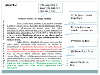 EXEMPLO
Redes sociais: o uso exige cautela
Uma característica inerente às sociedades humanas
é sempre buscar novas maneiras de se comunicar: cartas,
telegramas e telefonemas são apenas alguns dos vários
exemplos de meios comunicativos que o homem desenvolveu
com base nessa perspectiva. E, atualmente, o mais recente
e talvez o mais fascinante desses meios, são as redes
virtuais, consagradas pelo uso, que se tornam cada vez
mais comuns.
Orkut, Twiter e Facebook são alguns exemplos das
redes sociais (virtuais) mais acessadas do mundo e,
convenhamos, a popularidade das mesmas se tornou tamanha
que não ter uma página nessas redes é praticamente como não
estar integrado ao atual mundo globalizado. Através desse novo
meio as pessoas fazem amizades pelo mundo inteiro,
compartilham ideias e opiniões, organizam movimentos, como
os que derrubaram governos autoritários no mundo árabe e,
literalmente, se mostram para a sociedade. Nesse momento
é que nos convém cautela e reflexão para saber até que
ponto se expor nas redes sociais representa uma
vantagem.
I
N
T
R
O
D
U
Ç
Ã
O
Tema geral: uso da
tecnologia
Recorte temático:
uso de redes sociais
Título resume o
recorte temático e
sinaliza a tese
D
E
S
E
N
V
O
L
V
I
M
E
N
T
O
Premissa da tese
Apresentação da
tese
(i) Exemplos e fatos
 