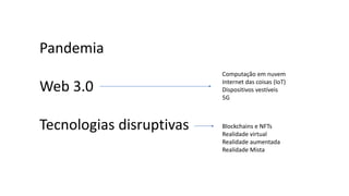 Pandemia
Web 3.0
Tecnologias disruptivas
Computação em nuvem
Internet das coisas (IoT)
Dispositivos vestíveis
5G
Blockchains e NFTs
Realidade virtual
Realidade aumentada
Realidade Mista
 