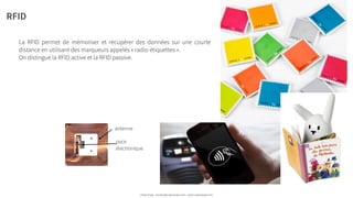 RFID
antenne
puce
électronique
Urban Expé - contact@urbanexpe.com - www.urbanexpe.com
La RFID permet de mémoriser et récupérer des données sur une courte
distance en utilisant des marqueurs appelés « radio-étiquettes ».
On distingue la RFID active et la RFID passive.
 
