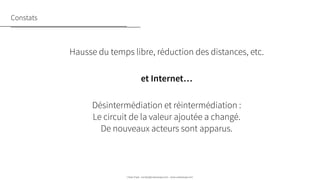 Hausse du temps libre, réduction des distances, etc.
!
et Internet…
!
Désintermédiation et réintermédiation :
Le circuit de la valeur ajoutée a changé.
De nouveaux acteurs sont apparus.
!
Constats
Urban Expé - contact@urbanexpe.com - www.urbanexpe.com
 