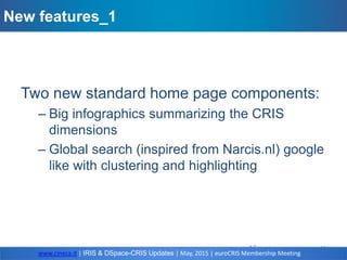– Page vists, CRIS entity detail page
– Global & Top related CERIF Entity views & downloads referencing
the CRIS entity (ie, top projects for each researcher, top researcher
for each OrgUnit, etc.)
– Global & Top publication item views & downloads referencing the
CRIS entity
– email and RSS alerts
Advantages for an Institutional Repository
• Usage Statistics
• Article level metrics for PubMed (extensible)
– Cited-by count in the item page
– Number of articles for researcher
– Total citations for each researcher (only items in local
DSpace database will be counted)
 