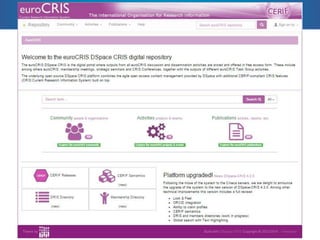 New features_1
Two new standard home page components:
– Big infographics summarizing the CRIS
dimensions
– Global search (inspired from Narcis.nl) google
like with clustering and highlighting
16 16
www.cineca.it | IRIS & DSpace-CRIS Updates | May, 2015 | euroCRIS Membership Meeting
 