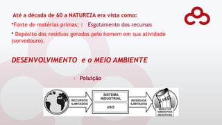 DESENVOLVIMENTO e o MEIO AMBIENTE
 Poluição
Até a década de 60 a NATUREZA era vista como:
•Fonte de matérias primas;  Esgotamento dos recursos
• Depósito dos resíduos gerados pelo homem em sua atividade
(sorvedouro).
 