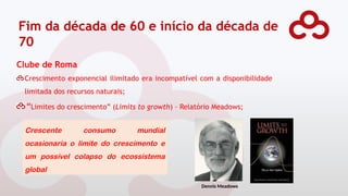Fim da década de 60 e início da década de
70
Clube de Roma
Crescimento exponencial ilimitado era incompatível com a disponibilidade
limitada dos recursos naturais;
“Limites do crescimento” (Limits to growth) – Relatório Meadows;
Dennis Meadows
Crescente consumo mundial
ocasionaria o limite do crescimento e
um possível colapso do ecossistema
global
 