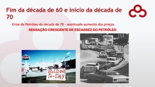 Fim da década de 60 e início da década de
70
Crise do Petróleo da década de 70 – acentuado aumento dos preços
SENSAÇÃO CRESCENTE DE ESCASSEZ DO PETRÓLEO
 