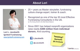 About Lori
Lori L. Jacobwith
Ignited Fundraising
www.IgnitedFundraising.com
• 25 + years as Master storyteller, fundraising
culture change expert, trainer & coach.
• Recognized as one of the top 30 most Effective
Fundraising Consultants in the US.
by The Giving Show on the Wall Street Network
• Since 2001 has helped nonprofit organizations
raise nearly $300 million from individual
donors. And counting.
LJacobwith
@LJacobwith
 
