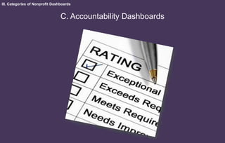 III. Categories of Nonprofit Dashboards
C. Accountability Dashboards
 