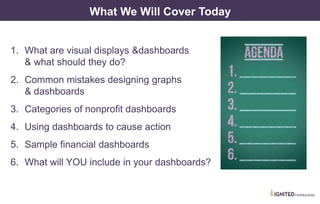 What We Will Cover Today
1. What are visual displays &dashboards
& what should they do?
2. Common mistakes designing graphs
& dashboards
3. Categories of nonprofit dashboards
4. Using dashboards to cause action
5. Sample financial dashboards
6. What will YOU include in your dashboards?
 