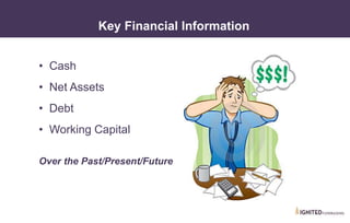 • Cash
• Net Assets
• Debt
• Working Capital
Over the Past/Present/Future
• V. Sample Financial Dashboards
Key Financial Information
 