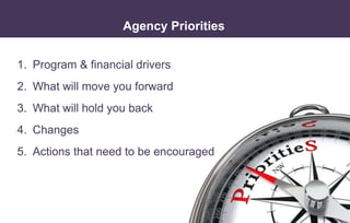 • What To Include In a Dashboard
Agency Priorities
1. Program & financial drivers
2. What will move you forward
3. What will hold you back
4. Changes
5. Actions that need to be encouraged
 
