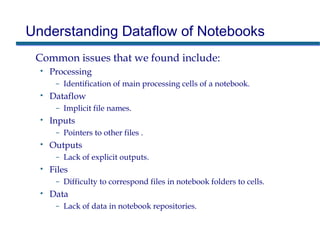 Understanding Dataflow of Notebooks
Common issues that we found include:
• Processing
– Identification of main processing cells of a notebook.
• Dataflow
– Implicit file names.
• Inputs
– Pointers to other files .
• Outputs
– Lack of explicit outputs.
• Files
– Difficulty to correspond files in notebook folders to cells.
• Data
– Lack of data in notebook repositories.
 