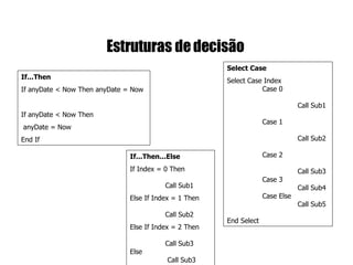 Estruturas de decisão   If...Then If anyDate < Now Then anyDate = Now  If anyDate < Now Then  anyDate = Now End If   If...Then...Else If Index = 0 Then    Call Sub1  Else   If Index = 1 Then  Call Sub2  Else   If Index = 2 Then  Call Sub3  Else   Call Sub3  End If   Select Case Select Case Index  Case 0  Call Sub1  Case 1  Call Sub2  Case 2  Call Sub3  Case 3  Call Sub4  Case Else  Call Sub5   End Select   