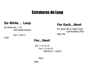 Estruturas de Loop Do While  ...  Loop Do While line < 10  Call ReadLine(line)  line = line+1  Loop   For...Next   For i = 0 To 10   For j = 0 to 10   Matriz(i,j) = cos(x)  Next   Next   For Each...Next For Each File In folder.File()  Call ReadFile (File)   Next File 