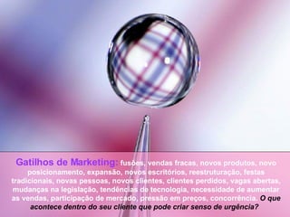 Gatilhos de Marketing:  fusões, vendas fracas, novos produtos, novo posicionamento, expansão, novos escritórios, reestruturação, festas tradicionais, novas pessoas, novos clientes, clientes perdidos, vagas abertas, mudanças na legislação, tendências de tecnologia, necessidade de aumentar as vendas, participação de mercado, pressão em preços, concorrência.  O que acontece dentro do seu cliente que pode criar senso de urgência? 