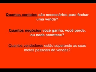 Quantas contatos  são necessários para fechar uma venda? Quantos negócios  você ganha, você perde, ou nada acontece? Quantos vendedores  estão superando as suas metas pessoais de vendas? 