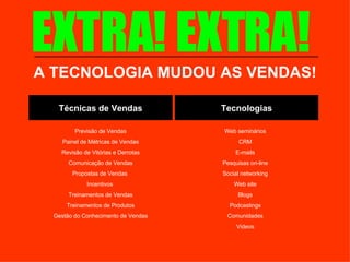 EXTRA! EXTRA!  A TECNOLOGIA MUDOU AS VENDAS! Técnicas de Vendas Tecnologias Web seminários CRM E-mails Pesquisas on-line Social networking Web site Blogs Podcastings Comunidades Videos Previsão de Vendas Painel de Métricas de Vendas Revisão de Vitórias e Derrotas Comunicação de Vendas Propostas de Vendas  Incentivos  Treinamentos de Vendas Treinamentos de Produtos Gestão do Conhecimento de Vendas 