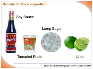 Soy Sauce


                 Lump Sugar




    Tamarind Paste                                        Lime

1                    Slides ‘Power Voice Projection for Presentation’ © 2011
 