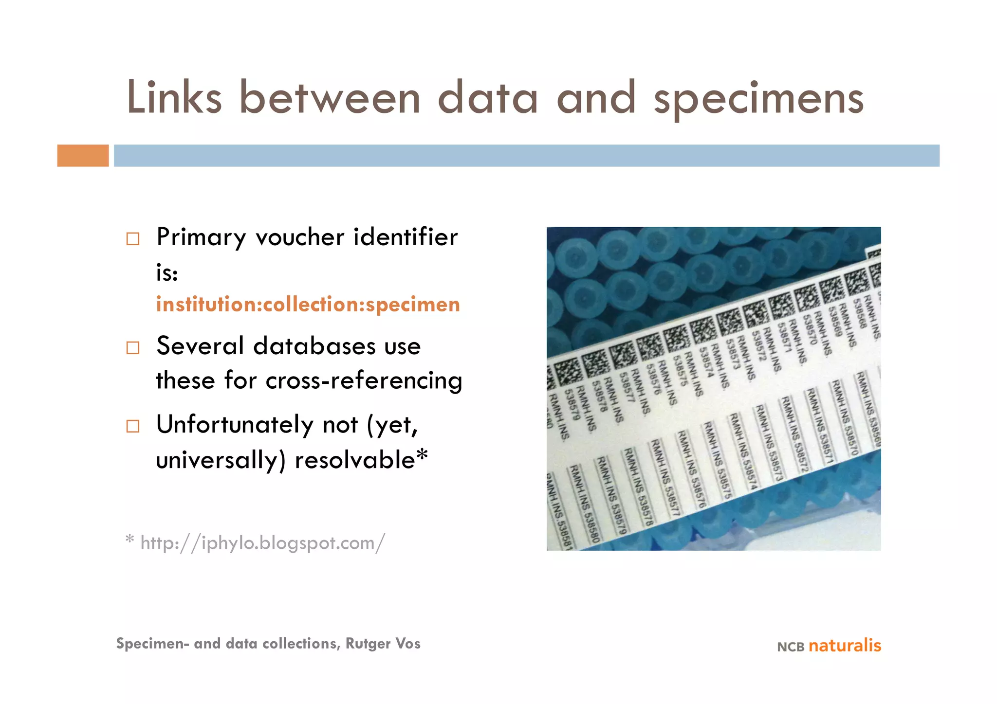 Links between data and specimens

     Primary voucher identifier
      is:
      institution:collection:specimen
     Several databases use
      these for cross-referencing
     Unfortunately not (yet,
      universally) resolvable*

 * http://iphylo.blogspot.com/



Specimen- and data collections, Rutger Vos
 