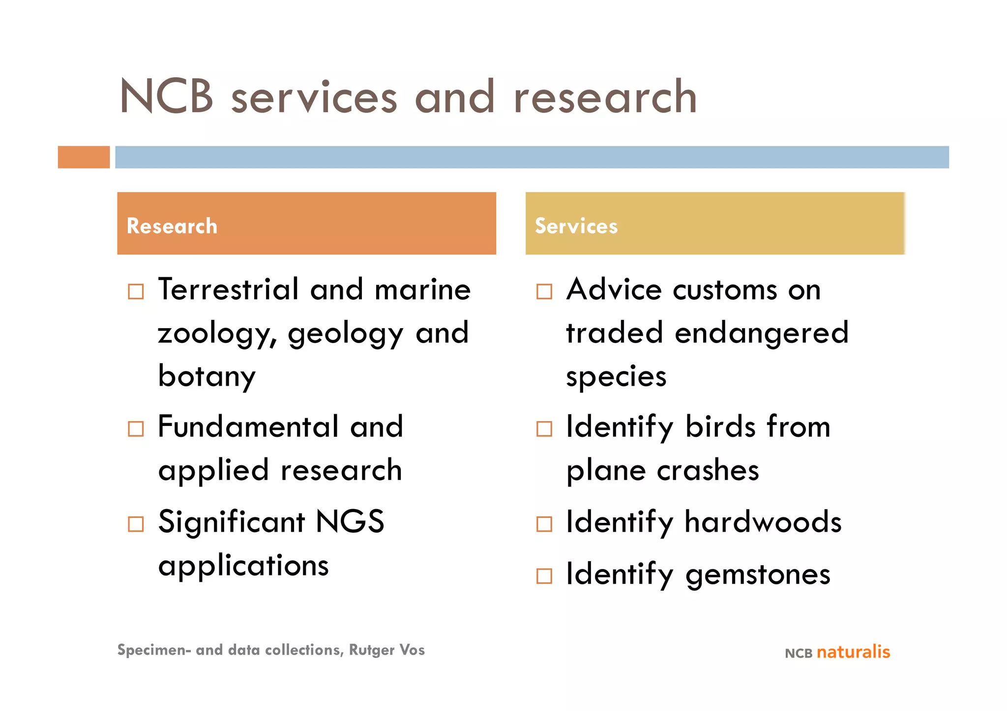 NCB services and research

 Research                                    Services

   Terrestrial and marine                     Advice customs on
    zoology, geology and                        traded endangered
    botany                                      species
   Fundamental and                            Identify birds from

    applied research                            plane crashes
   Significant NGS                            Identify hardwoods

    applications                               Identify gemstones


Specimen- and data collections, Rutger Vos
 