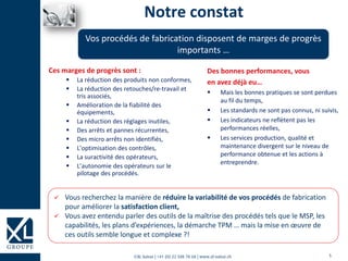 5©XL Suisse | +41 (0) 22 508 78 68 | www.xl-suisse.ch
Notre constat
Ces marges de progrès sont :
 La réduction des produits non conformes,
 La réduction des retouches/re-travail et
tris associés,
 Amélioration de la fiabilité des
équipements,
 La réduction des réglages inutiles,
 Des arrêts et pannes récurrentes,
 Des micro arrêts non identifiés,
 L’optimisation des contrôles,
 La suractivité des opérateurs,
 L’autonomie des opérateurs sur le
pilotage des procédés.
Vos procédés de fabrication disposent de marges de progrès
importants …
Des bonnes performances, vous
en avez déjà eu…
 Mais les bonnes pratiques se sont perdues
au fil du temps,
 Les standards ne sont pas connus, ni suivis,
 Les indicateurs ne reflètent pas les
performances réelles,
 Les services production, qualité et
maintenance divergent sur le niveau de
performance obtenue et les actions à
entreprendre.
 Vous recherchez la manière de réduire la variabilité de vos procédés de fabrication
pour améliorer la satisfaction client,
 Vous avez entendu parler des outils de la maîtrise des procédés tels que le MSP, les
capabilités, les plans d’expériences, la démarche TPM … mais la mise en œuvre de
ces outils semble longue et complexe ?!
 