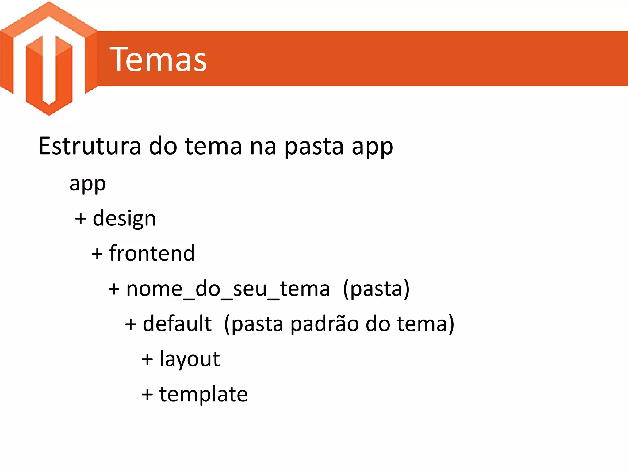 Temas

Estrutura do tema na pasta app
  app
  + design
    + frontend
      + nome_do_seu_tema (pasta)
        + default (pasta padrão do tema)
          + layout
          + template
 