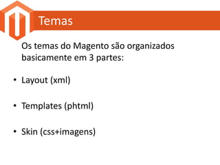 Temas
  Os temas do Magento são organizados
  basicamente em 3 partes:

• Layout (xml)

• Templates (phtml)

• Skin (css+imagens)
 