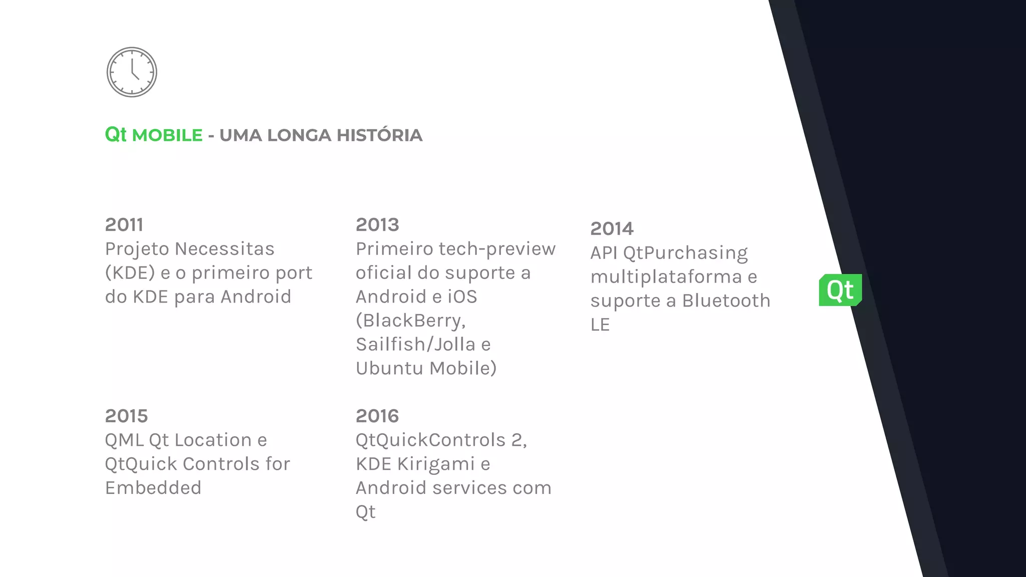 2011
Projeto Necessitas
(KDE) e o primeiro port
do KDE para Android
2015
QML Qt Location e
QtQuick Controls for
Embedded
2013
Primeiro tech-preview
oficial do suporte a
Android e iOS
(BlackBerry,
Sailfish/Jolla e
Ubuntu Mobile)
2016
QtQuickControls 2,
KDE Kirigami e
Android services com
Qt
2014
API QtPurchasing
multiplataforma e
suporte a Bluetooth
LE
Qt MOBILE - UMA LONGA HISTÓRIA
 