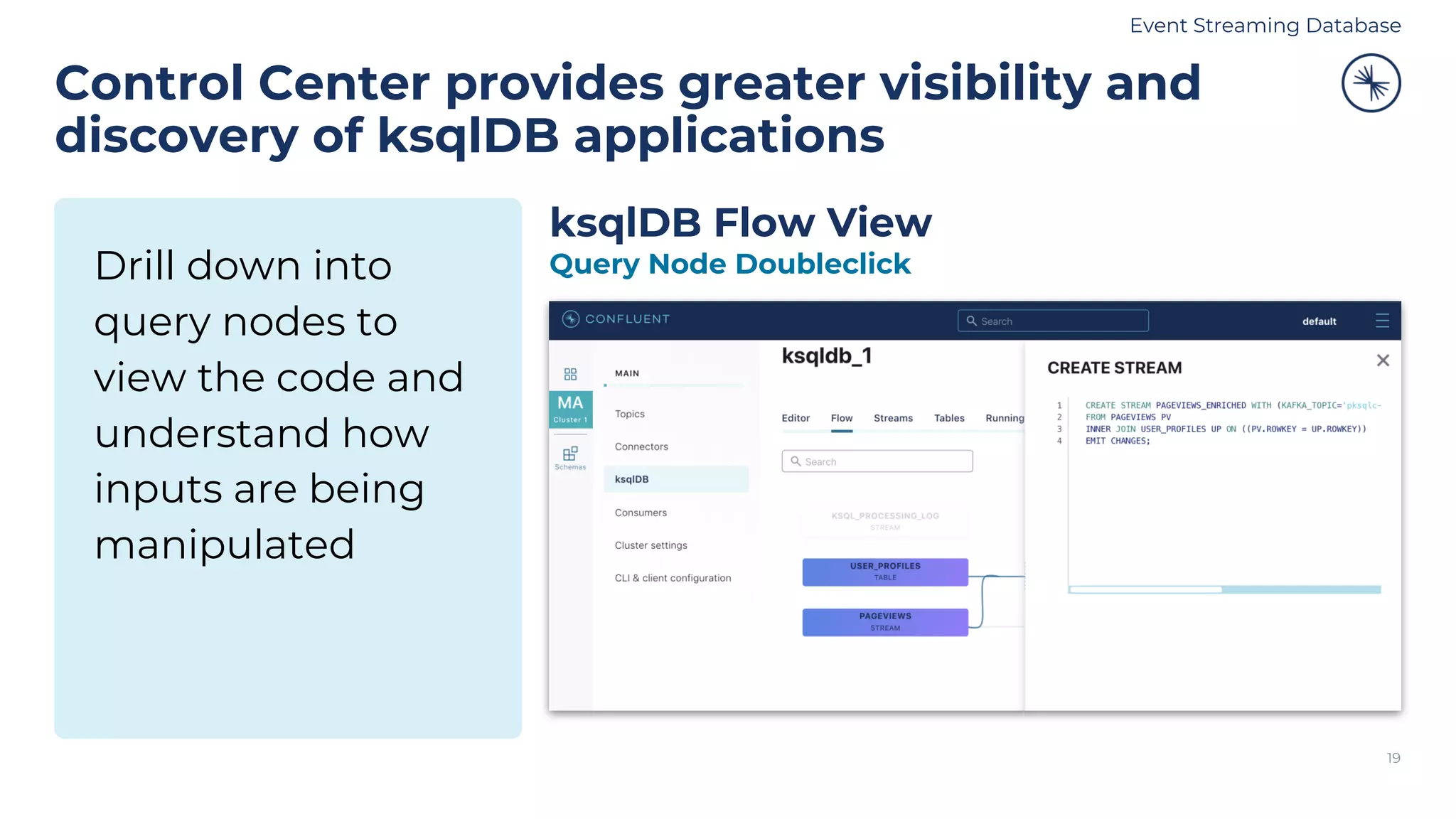 Drill down into
query nodes to
view the code and
understand how
inputs are being
manipulated
Control Center provides greater visibility and
discovery of ksqlDB applications
19
ksqlDB Flow View
Query Node Doubleclick
Event Streaming Database
 
