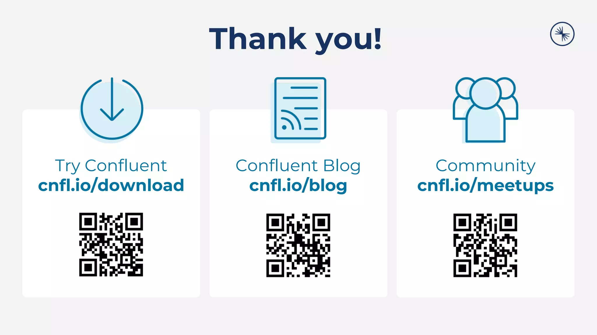 Thank you!
Try Confluent
cnfl.io/download
Confluent Blog
cnfl.io/blog
Community
cnfl.io/meetups
 