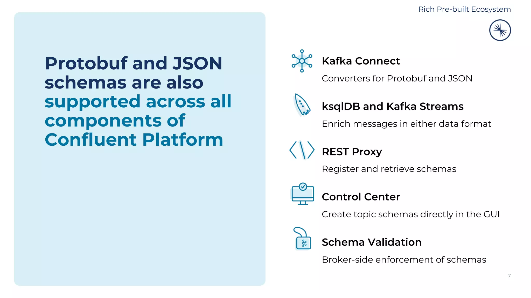 Kafka Connect
Converters for Protobuf and JSON
ksqlDB and Kafka Streams
Enrich messages in either data format
REST Proxy
Register and retrieve schemas
Control Center
Create topic schemas directly in the GUI
Schema Validation
Broker-side enforcement of schemas
7
Protobuf and JSON
schemas are also
supported across all
components of
Confluent Platform
Rich Pre-built Ecosystem
 