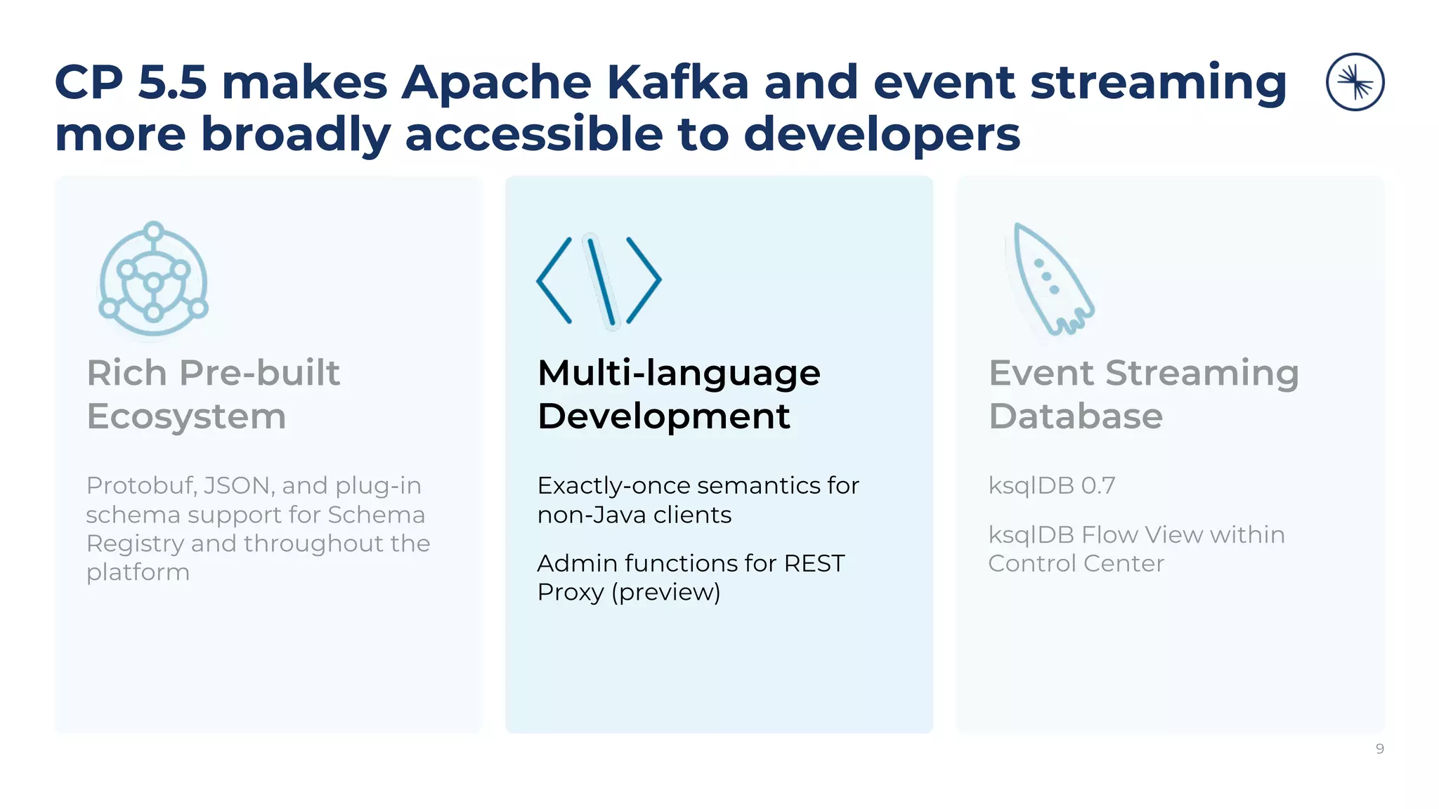 CP 5.5 makes Apache Kafka and event streaming
more broadly accessible to developers
Rich Pre-built
Ecosystem
Protobuf, JSON, and plug-in
schema support for Schema
Registry and throughout the
platform
9
Multi-language
Development
Exactly-once semantics for
non-Java clients
Admin functions for REST
Proxy (preview)
Event Streaming
Database
ksqlDB 0.7
ksqlDB Flow View within
Control Center
 