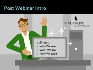 8282
Post Webinar Intro
5 Minutes:
 Who We Are
 What We Do
 How We Do It
 
