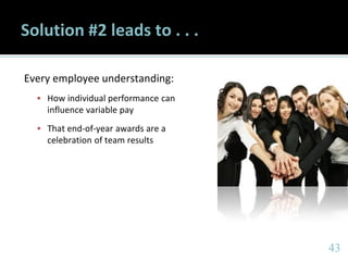 4343
Solution #2 leads to . . .
Every employee understanding:
▪ How individual performance can
influence variable pay
▪ Th...