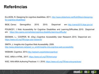 Referências
ELLISON, R. Designing for cognitive disabilities. 2011. http://www.slideshare.net/RuthEllison/designing-
for-cognitive-disabilities/
IBGE, Censo Demográfico 2010. 2010. Disponível em: http://censo2010.ibge.gov.br/
POUNCEY, I. Web Accessibility for Cognitive Disabilities and Learning Difficulties. 2010. Disponível
em: https://dev.opera.com/articles/cognitive-disability-learning-difficulty/
SEEMAN, L.; COOPER, M. (Org.). Cognitive Accessibility User Research. 2015. Disponível em:
https://www.w3.org/TR/coga-user-research/
SMITH, J. Insights into Cognitive Web Accessibility. 2009.
http://www.slideshare.net/jared_w_smith/insights-into-cognitive-web-accessibility
WEBAIM. Cognitive. 2013.http://webaim.org/articles/cognitive/
W3C. ARIA in HTML. 2017. https://www.w3.org/TR/html-aria/
W3C. WAI-ARIA Authoring Practices 1.1. 2016. https://www.w3.org/TR/wai-aria-practices/
 