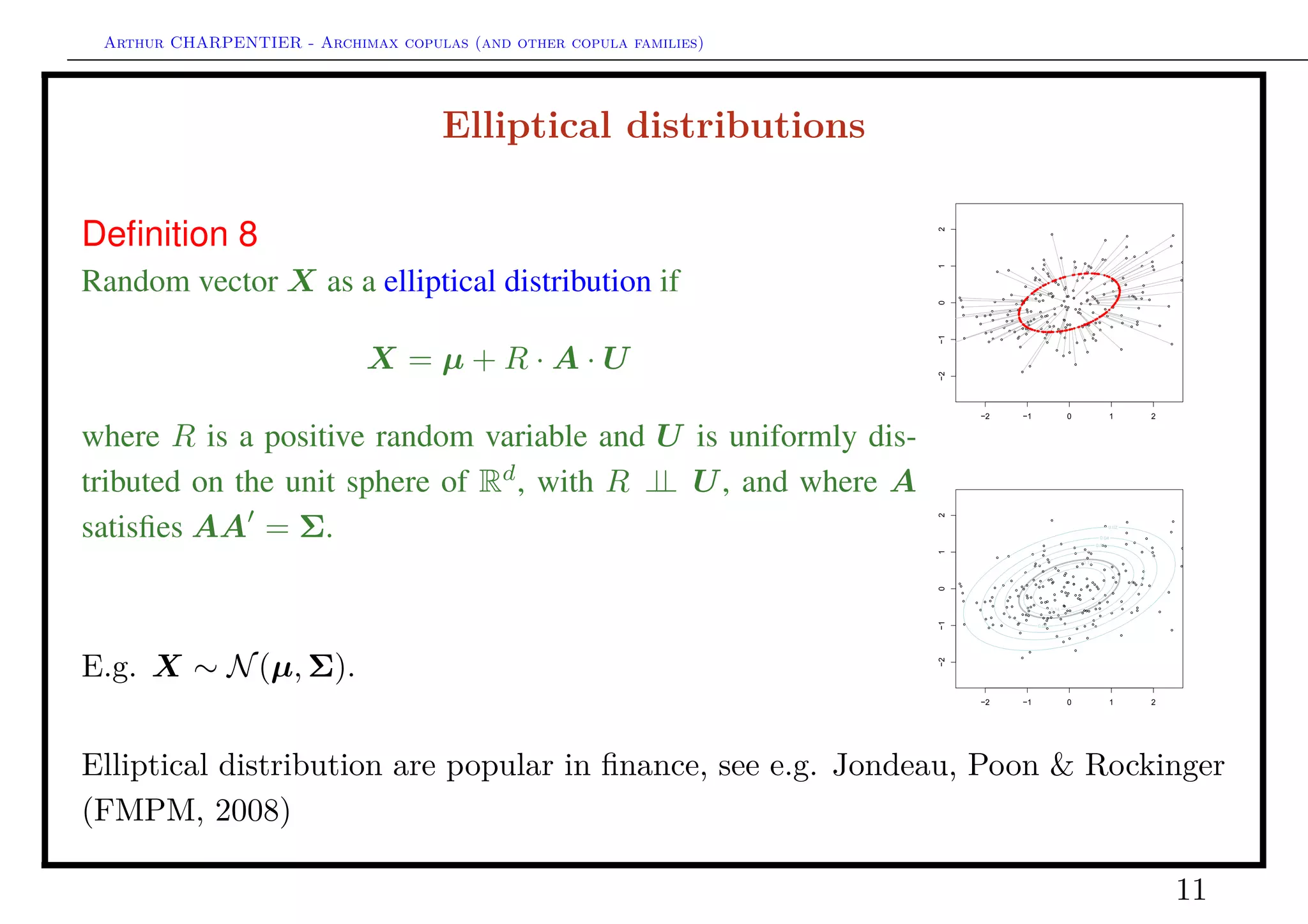 Arthur CHARPENTIER - Archimax copulas (and other copula families)
Archimedean copula
Deﬁnition 9
If d ≥ 2, an Archimedean generator is a function φ : [0, 1] → [0, ∞) such that φ−1
is
d-completely monotone (i.e. ψ is d-completely monotone if ψ is continuous and
∀k = 0, 1, ..., d, (−1)k
dk
ψ(t)/dtk
≥ 0).
Deﬁnition 10
Copula C is an Archimedean copula is, for some generator φ,
C(u1, ..., ud) = φ−1
[φ(u1) + ... + φ(ud)], ∀u1, ..., ud ∈ [0, 1].
Exemple1
φ(t) = − log(t) yields the independent copula C⊥
.
φ(t) = [− log(t)]θ
yields Gumbel copula Cθ (note that ψ(t) = φ−1
(t) = exp[−t1/θ
]).
11
 