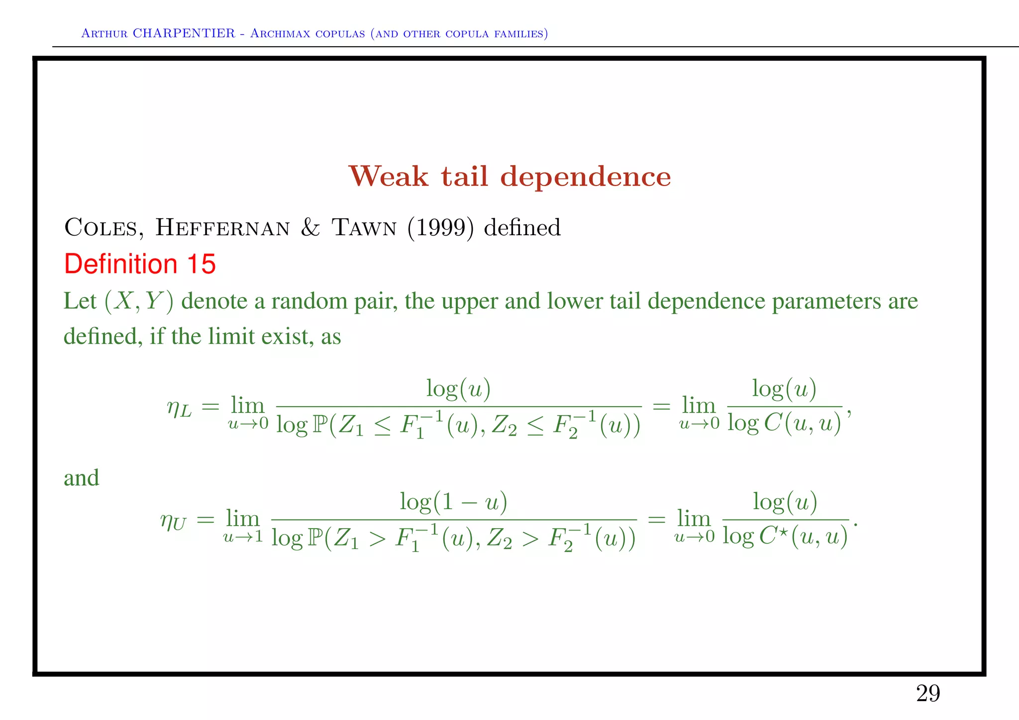 Arthur CHARPENTIER - Archimax copulas (and other copula families)
Gaussian copula
0.0 0.2 0.4 0.6 0.8 1.0
0.00.20.40.60.81.0
q
q
q
q
q
q
q
q
q
q
q
q
q
q
q
q
q
q q
q
q
q
q
q
q
q
q
q
q
q
q
q
q
q
q
q
q
q
q
q
q
q
q
q
q
q
q
q
q
q
q
q
q
q
q
q
q
q
q
q
q
q
q
q
q
q
q
q
q
q
q
q
q
q
q
q
q
q
q
q
q
q
q
q
q
q
q
q
q
q
q
q
q
q
q
q
q
q
q
q
q
q
q
q
q
q
q
q
q
q
q
q
q
q
q
q
q
q
q
q
q
q
q
q
q
q
q
q
q
q
q
q
q
q
q
q
q
q
q
q
q
q
q
q
q
q
q
q
q
q
q
q
q
q
q
q
q
q
q
q
q
q
q
q
q
q
q
q
q
q
q
q
q
q
q
q
q
q
q
q
q
q
q
q
q
q
q
q
q
q
q
q
q
q
q
q
q
q
q
q
q
q
q
q
q
q
q
q
q
q
q
q
q
q
q
q
q
q
q
q
q
q
q
q
q
q
q
q
q
q
q
q
q
q
q
q
q
q
q
q
q
q
q
q
q
q
q
q
q
q
q
q
q
q
q
q
q
q
q
q
q
q
q
q
q
q
q
q
q
q
q
q
q
q
q
q
q
q
q
q
q
q
q
q
q
q
q
q
q
q
q
q
q
q
q
q
q
q
q
q
q
q
q
q
q
q
q
q
q
q
q
q
q
q
q
q
q
q
q
q
q
q
q
q
q
q
q
q
q
q
q
q
q
q
q
q
q
q
q
q
q
q
q
q
q
q
q
q
q
q
q
q
q
q
q
q
q
q
q
q
q
q
q
q
q
q
q
q
q
q
q
q
q
q
q
q
q
q
q
q
q
q
q
q
q
q
q
q
q
q
q
q
q
q
q
q
q
q
q
q
q
q
q
q
q
q
q
q
q
q
q
q
q
q
q
q
q
q
q
q
q
q
q
q
q
q
q
q
q
q
q
q
q
q
q
q
q
q
q
q
q
q
q
q
q
q
q
q
q
q
q
q
q
q
q
q
q
q
q
q
q
q
q
q
q
q
q
q
q
q
q
q
q
q
q
q
q
q
q
q
q
q
q
q
q
q
q
q
q
q
q
q
q
q
q
q
q
q
q
q
q
q
q
q
q
q
q
q
q
q
q
q
q
q
q
q
q
q
q
q
q
q
q
q
qq
q
q
q
q
q
q
q
q
q
q
q
q q
q
q
q
q
q
q
q
q
q
q
q
q
q
q
q
q
q
q
q
q
q
q
q
q
q
q
q
q
q
q
q
q
q
q
q
q
q
q
q
q
q
q
q
q
q
q
q
q
q
q
q
q
q
q
q
q
q
q
q
q
q
q
q
q
q
q
q
q
q
q
q
q
q
q
q
q
q
q
q
q
q
q
q
q
q
q
q
q
q
q
q
q
q
q
q
q
q
q
q
q
q
q
q
q
q
q
q
q
q
q
q
q
q
q
q
q
q
q
q
q
q
q
q
q
q
q
q
q
q
q
q
q
q
q
q
q
q
q
q
q
q
q
q
q
q
q
q
q
q
q
q
q
q
q
q
q
q
q
q
q
q
q
q
q
q
q
q
q
q
q
q
q
q
q
q
q
q
q
q
q
q
q
q
q
q
q
q
q
q
q
q
q
q
q
q
q
q
q
q
q
q
q
q
q
q
q
q
q
q
q
q
q
q
q
q
q
q
q
q
q
q
q
q
q
q
q
q
q
q
q
q
q
q
q
q
q
q
q
q
q q
q
q
q
q
q
q
q
q
q
q
q
q
q
q
q
q
q
q
q
q
q
q
q
q
q
q
q
q
q
q
q
q
q
q
q
q
q
q
q
q
q
q
q
q
q
q
q
q
q
q
q
q
q
q
q
q
q
q
q
q
q
q
q
q
q
q
q
q
q
q
q
q
q
q
q
q
q
q
q
q
q
q
q
q
q
q
q
q
q
q
q
q
q
q
q
q
q
q
q
q
q
q
q
q
q
q
q
q
q
q
q
q
qq
q
q
q
q
q
q q
q
q
q
q
q
q
q
q
q
q
q
q
q
q
q
q
q
q
q
q
q
q
q
q
q
q
q
q
q
q
q
q
q
q
q
q
q
q
q
q
q
q
q
q
q
q
q
q
q
q
q
q
q
q
q
q
q
q
q
q
q
q
q
q
q
q
q
q
q
q
q
q
q
q
q q
q
q
q
q
q
q
q
qq
q
q
q
q
q
q
q
q
q
q
q
q
q
q
q
q
q
q
q
q
q
q
q
q
q
q
q
q
q
q
q
q
q q
q
q
q
q
q
q
q
q
q
q
q
q
q
q
q
q
q
q
q
q
q
q
q
q
q
q
q
q
q
q
q
q
q
q
q
q
q
q
q
q
q
q
q
q
q
q
q
q
q
q
q
q
q
q
q
q
q
q
q
q
q
q
q
q
q
q
q
q
q
q
q
q
q
q
q
q
q
q
q
q
q
q
q
q
q
q
q
q
q
q
q
q
q
q
q
q
q
q
q
q
q
q
q
q
q
q
q
q
q
q
q
q
q
q
q
q
q
q q
q
q
q
q
q
q
q
q
q
q
q
q
q
q
q
q
q
q
q
q
q
q
q
q
q
q
q
q
q
q
q
q
q
q
q
q
q
q
q
q
q
q
q
q
q
q
q
q
q
q
q
q
q
q
q
q
q
q
q
q
q
q
q
q
q
q
q
q
q
q
q
q
q
q
q
q
q
q
q
q
q
q
q
q
q
q
q
q
q
q
q
q
q
q
q
q
q
q
qq
q
q
q
q
q
q
q
q
q
q
q
q
q
q
q
q
q
q
q
q
q
q
q
q
q
q
q
q
q
q
q
q
q
q
q
q
q
q
q
q
q
q
q
q
q
q
q
q
q
q
q
q
q
q
q
q
q
q
q
q
q
q
q
q
q
q
q
q
q
q
q
q
q
q
q
q
q
q
q
q
q
q
qq
q
q
q
q
q
q
q
q
q
q
q
q
q
q
q
q
q
q
q
q
q
q
q
q
q
q
q
q
q
q
q
q
q
q
q
q
q
q
q
q
q
q
q
q
q
q
q
q
q
q
q
q
q
q
q
q
q
q
q
q
q
q
q
q
q
q
q
q
q
q
q
q
q
q
q
q
q
q
q
q
q
q
q
q
q
q
q
q
q
q
q
q
q
q
q
q
q
q
q
q
q
q
q
q
q
q
q
q
q
q
q
q
q
q
q
q
q
q
q
q
q
q
q
q
q
q
q
q
q
q
q
q
q
q
q
q
q
q
q
q
q
q
q
q
q
q
q
q
q
q
q
q
q
q
q
q
q
q
q
q
q
q
q
q
q
q
q
q
q
q
q
q
q
q
q
q
q
q
q
q
q
q
q
q
q
q
q
q
q
q
q
q
q
q
q
q
q
q
q
q
q
q
q
q
q
q
q
q
q
q
q
q
q
q
q
q
q
q
q
q
q
q
q
q
q
q
q
q
q
q
q
q
q
q
q
q
q
q
q
qq
q
q
q
q
q
q
q
q
q
q
q
q
q
q
q
q
q
q
q
q
q
q
q
q
q
q
q
q
q
q
q
q
q
q
q
q
q
q
q
q
q
q
q
q
q
q
q
q
q
q
q
q
q
q
q
q
q
q
q
q
q
q
q
q
q
q
q
q
q
q
q
q
q
q
q
q
q
q
q
q
q
q
q
q
q
q
q
q
q
q
q
q
q
q
q
q
q
q
q
q
q
q
q
q
q
q
q
q
q
q
q
q
q
q
q
q
q
q
q
q
q
q
q
q
q
q
q
q
q
q
q
q
q
q
q
q
q
q
q
q
q
q
q
q
q
q
q
q
q
q
q
q
q
q
q
q
q
q
q
q
q
q
q
q
q
q
q
q
q
q
q
q
q
q
q
q
q
q
q
q
q
q
q
q
q
q
q
q
q
q
q
q
q
q
q
q
q
q
q
q
q
q
q
q
q
q
q
q
q
q
q
q
q
q
q
q
q
q
q
q
q
q
q
q
q
q
q
q
q
q
q
q
q
q
q
q
q
q
q
q
q
q
q
q
q
q
q
q
q
q
q
q
q
q
q
q
q
q
q
q
q
q
q
q
q
q
q
q
q
q
q
q
q
q
q
q
q
q
q
q q
q
q
q
q
q
q
q
q
q
q
q
q
q
q
q
q
q
q
q
q
q
q
q
q
q
q
q
q
q
q
q
q
q
q
q
q
q
q
q
q
q
q
q
q
q
q
q
q
q
q
q
q
q
q
q
q
q
q
q
q
q
q
q
q
q
q
q
q q
q
q
q
q
q
q
q
q
q
q
q
q
q
q
q
q
q
q
q
q
q
q
q
q
q
q
q
q
q
q
q
q
q
q
q
q
q
q
q
q
q
q
q
q
q
q
q
q
q
q
q
q
q
q
q
q
q
q
q
q
q
q
q
q
q
q
q
q
q
q
q
q
q
q
q
q
q
q
q
q
q
q
q
q
q
q
0.0 0.2 0.4 0.6 0.8 1.0
0.00.20.40.60.81.0
Chi dependence functions
lower tails upper tails
GAUSSIAN
q
q
Figure 6: χ functions.
29
 